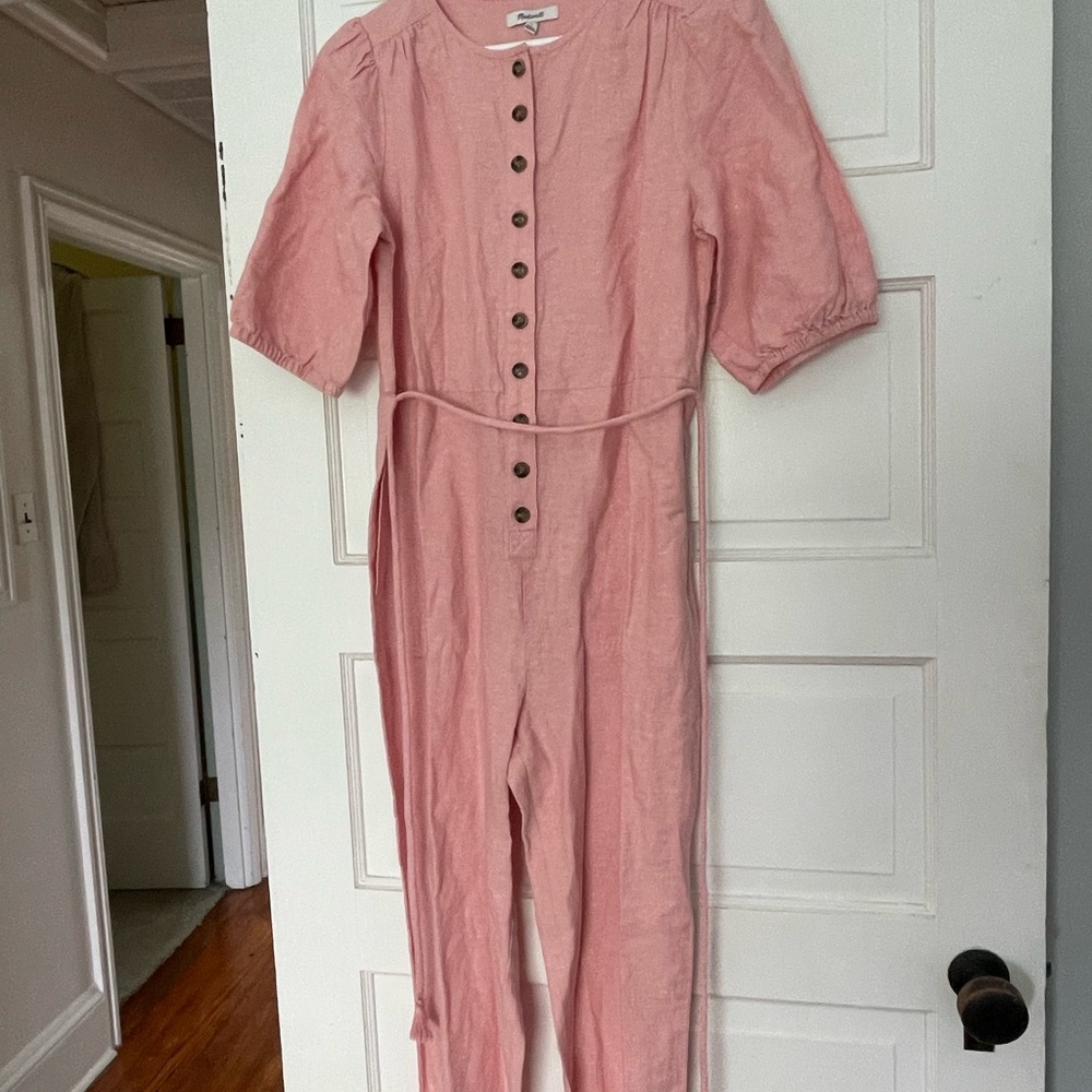 Madewell Linen-Blend Puff-Sleeve Tassel-Tie Jumpsuit, size small